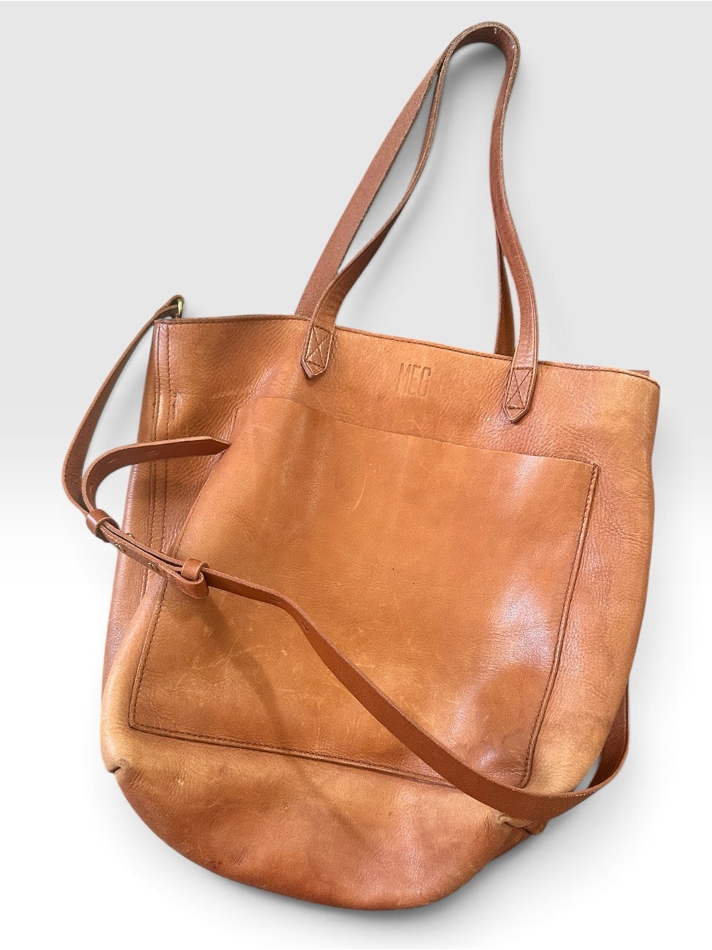 Madewell Leather ZIPPER Tote in Cognac Brown - “MEG” monogrammed on front